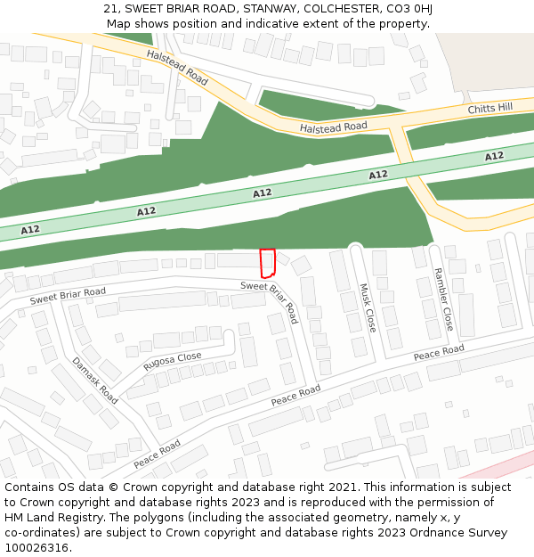 21, SWEET BRIAR ROAD, STANWAY, COLCHESTER, CO3 0HJ: Location map and indicative extent of plot