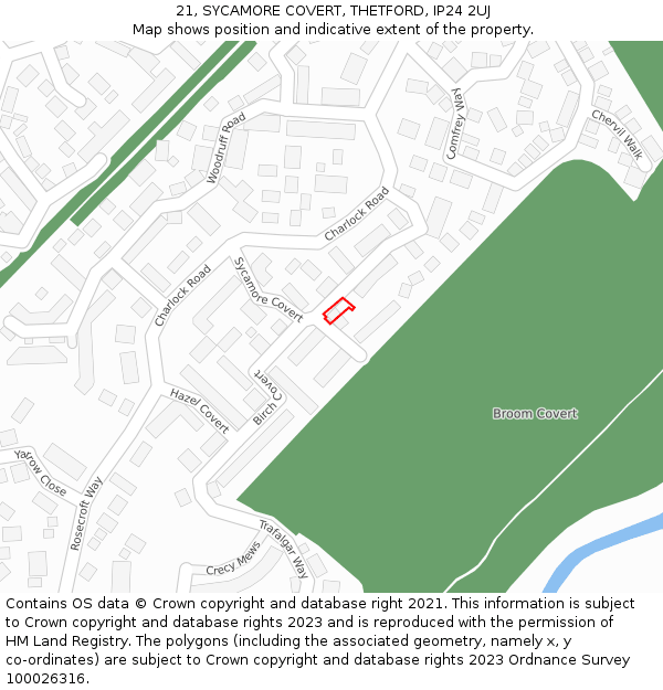 21, SYCAMORE COVERT, THETFORD, IP24 2UJ: Location map and indicative extent of plot