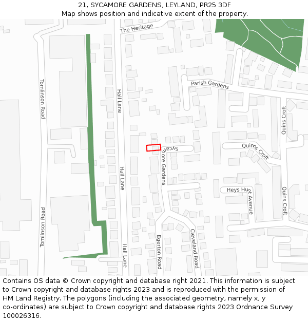 21, SYCAMORE GARDENS, LEYLAND, PR25 3DF: Location map and indicative extent of plot