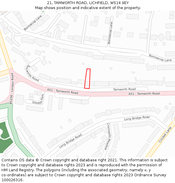 21, TAMWORTH ROAD, LICHFIELD, WS14 9EY: Location map and indicative extent of plot