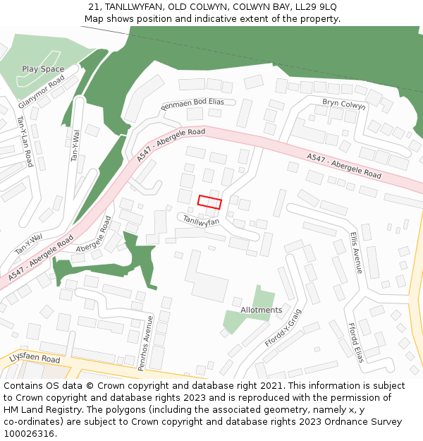 21, TANLLWYFAN, OLD COLWYN, COLWYN BAY, LL29 9LQ: Location map and indicative extent of plot