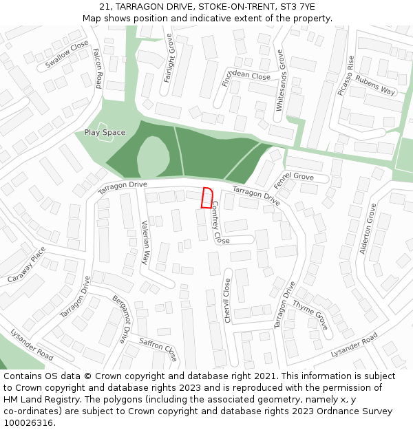 21, TARRAGON DRIVE, STOKE-ON-TRENT, ST3 7YE: Location map and indicative extent of plot