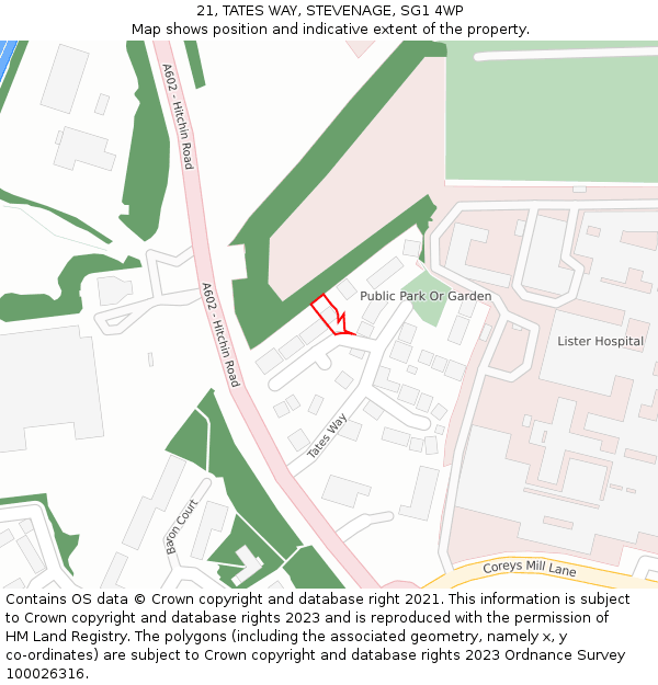 21, TATES WAY, STEVENAGE, SG1 4WP: Location map and indicative extent of plot