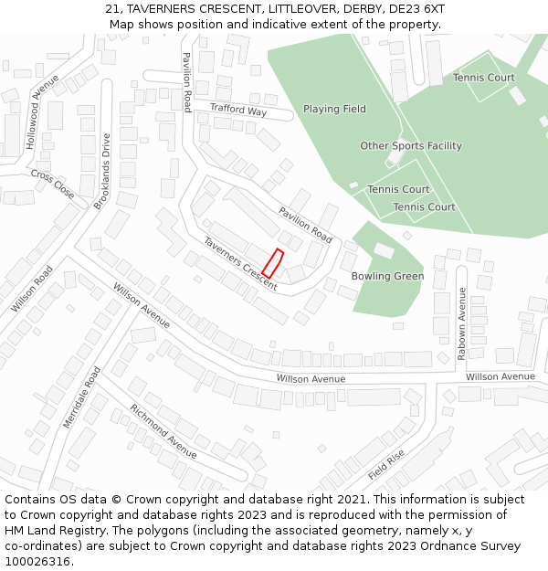 21, TAVERNERS CRESCENT, LITTLEOVER, DERBY, DE23 6XT: Location map and indicative extent of plot