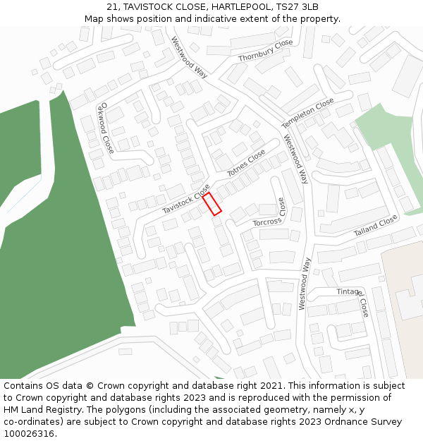 21, TAVISTOCK CLOSE, HARTLEPOOL, TS27 3LB: Location map and indicative extent of plot