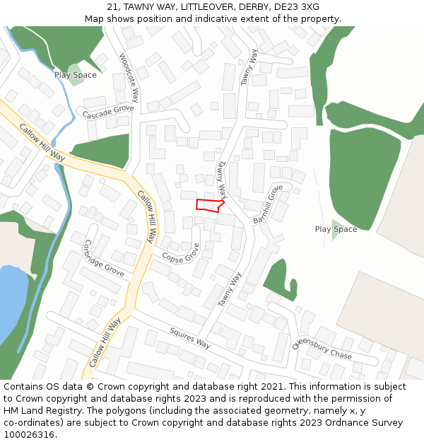 21, TAWNY WAY, LITTLEOVER, DERBY, DE23 3XG: Location map and indicative extent of plot