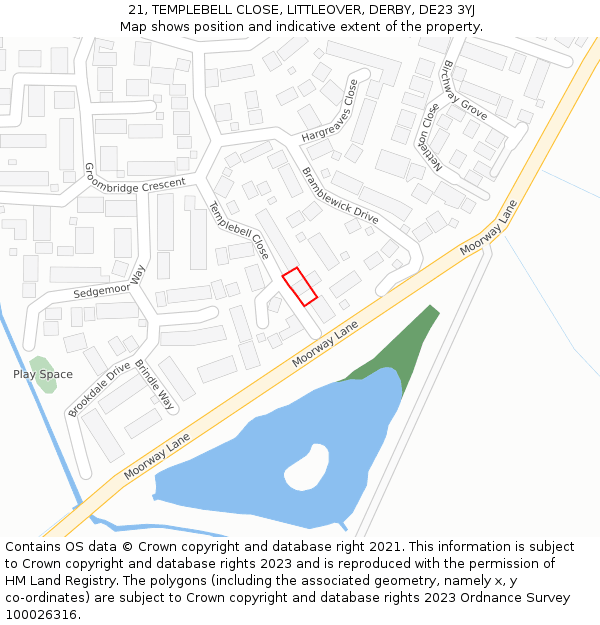 21, TEMPLEBELL CLOSE, LITTLEOVER, DERBY, DE23 3YJ: Location map and indicative extent of plot