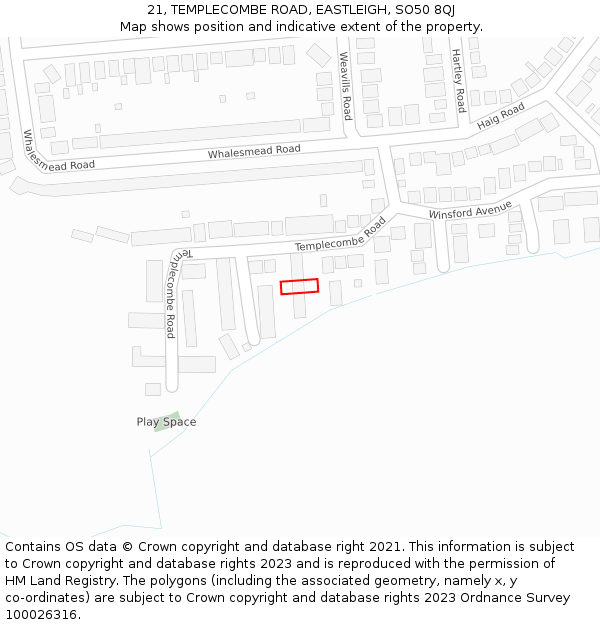 21, TEMPLECOMBE ROAD, EASTLEIGH, SO50 8QJ: Location map and indicative extent of plot