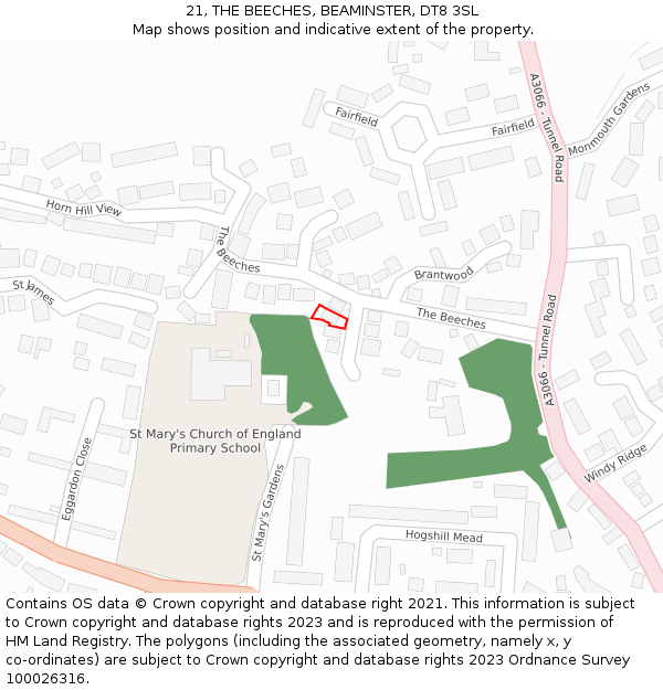 21, THE BEECHES, BEAMINSTER, DT8 3SL: Location map and indicative extent of plot