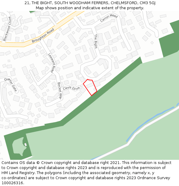 21, THE BIGHT, SOUTH WOODHAM FERRERS, CHELMSFORD, CM3 5GJ: Location map and indicative extent of plot