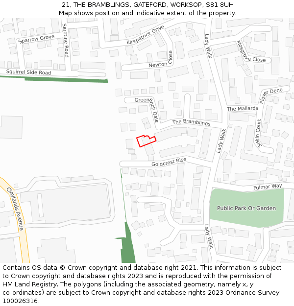 21, THE BRAMBLINGS, GATEFORD, WORKSOP, S81 8UH: Location map and indicative extent of plot