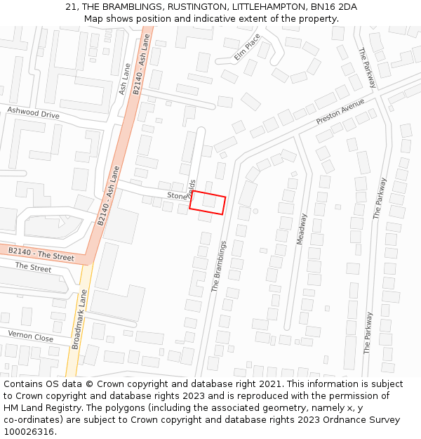 21, THE BRAMBLINGS, RUSTINGTON, LITTLEHAMPTON, BN16 2DA: Location map and indicative extent of plot