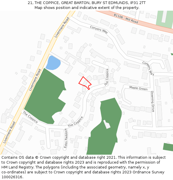 21, THE COPPICE, GREAT BARTON, BURY ST EDMUNDS, IP31 2TT: Location map and indicative extent of plot