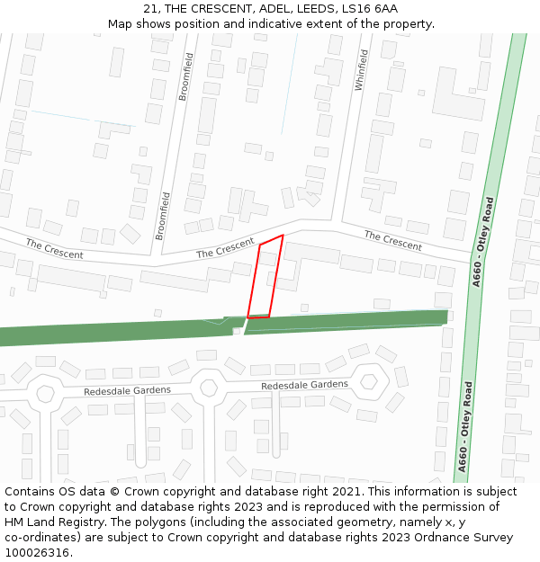 21, THE CRESCENT, ADEL, LEEDS, LS16 6AA: Location map and indicative extent of plot