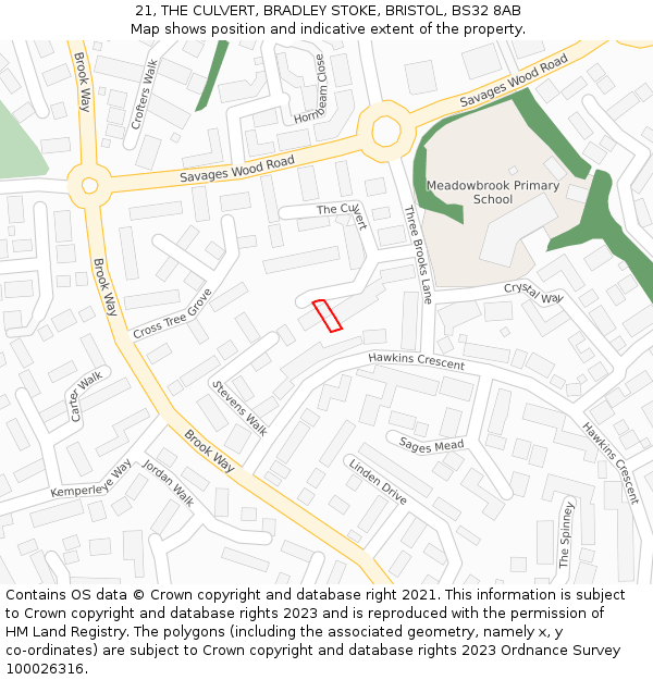 21, THE CULVERT, BRADLEY STOKE, BRISTOL, BS32 8AB: Location map and indicative extent of plot