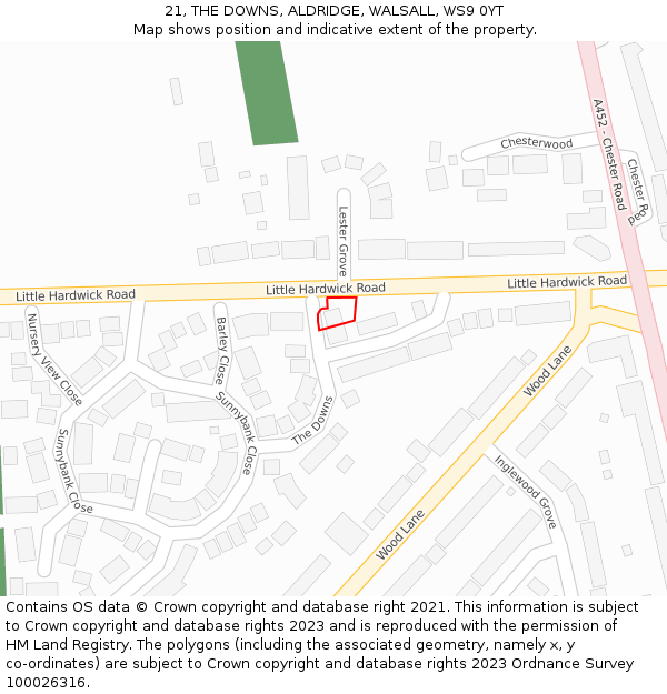 21, THE DOWNS, ALDRIDGE, WALSALL, WS9 0YT: Location map and indicative extent of plot