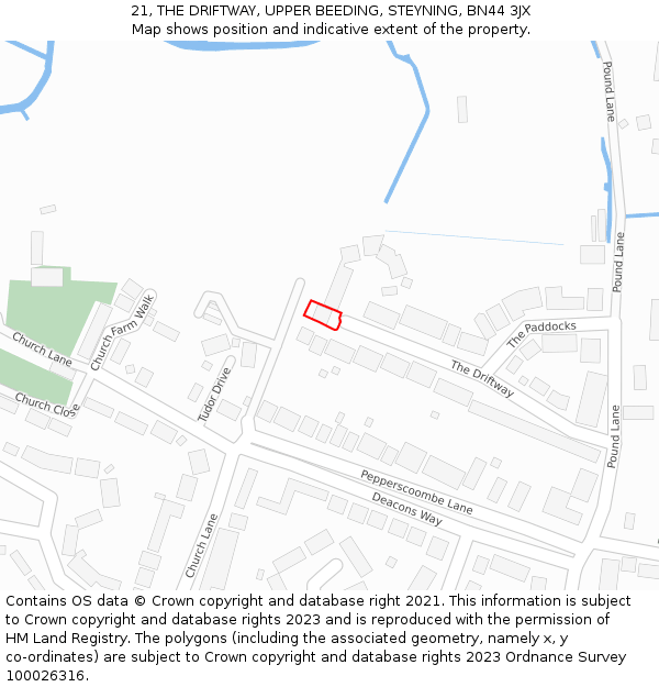 21, THE DRIFTWAY, UPPER BEEDING, STEYNING, BN44 3JX: Location map and indicative extent of plot