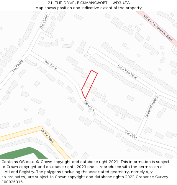 21, THE DRIVE, RICKMANSWORTH, WD3 4EA: Location map and indicative extent of plot