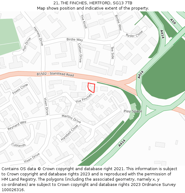 21, THE FINCHES, HERTFORD, SG13 7TB: Location map and indicative extent of plot