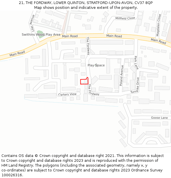 21, THE FORDWAY, LOWER QUINTON, STRATFORD-UPON-AVON, CV37 8QP: Location map and indicative extent of plot