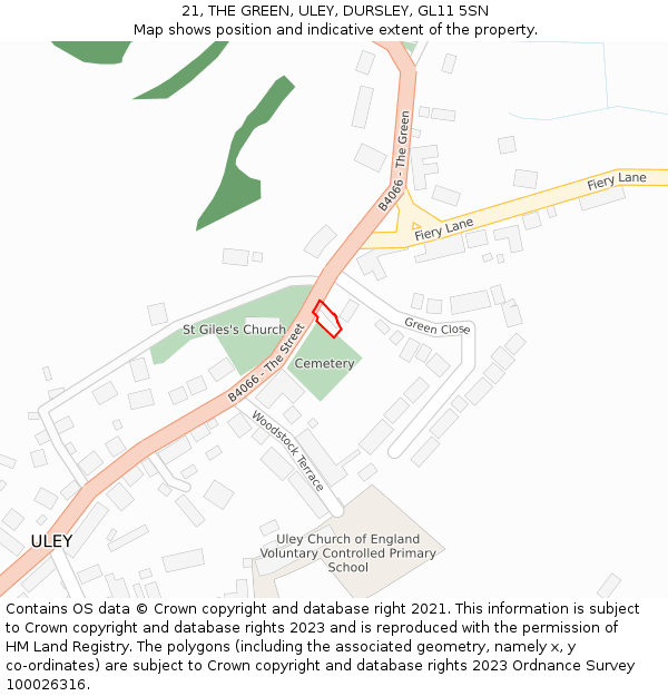 21, THE GREEN, ULEY, DURSLEY, GL11 5SN: Location map and indicative extent of plot