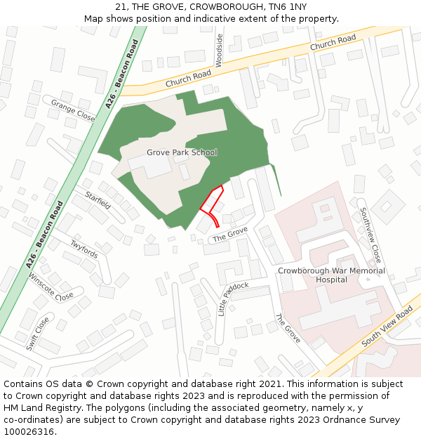 21, THE GROVE, CROWBOROUGH, TN6 1NY: Location map and indicative extent of plot