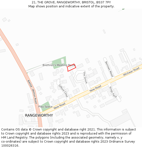 21, THE GROVE, RANGEWORTHY, BRISTOL, BS37 7PY: Location map and indicative extent of plot