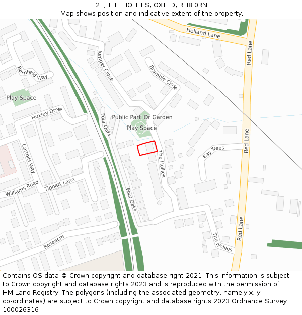 21, THE HOLLIES, OXTED, RH8 0RN: Location map and indicative extent of plot