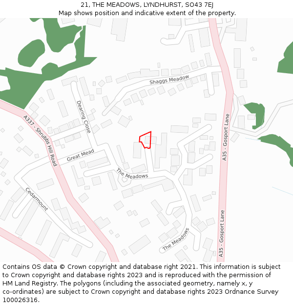 21, THE MEADOWS, LYNDHURST, SO43 7EJ: Location map and indicative extent of plot