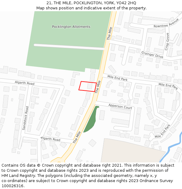 21, THE MILE, POCKLINGTON, YORK, YO42 2HQ: Location map and indicative extent of plot