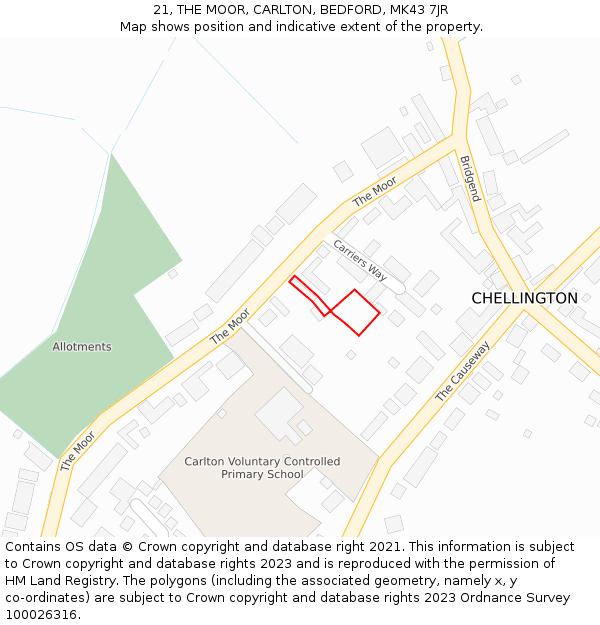 21, THE MOOR, CARLTON, BEDFORD, MK43 7JR: Location map and indicative extent of plot