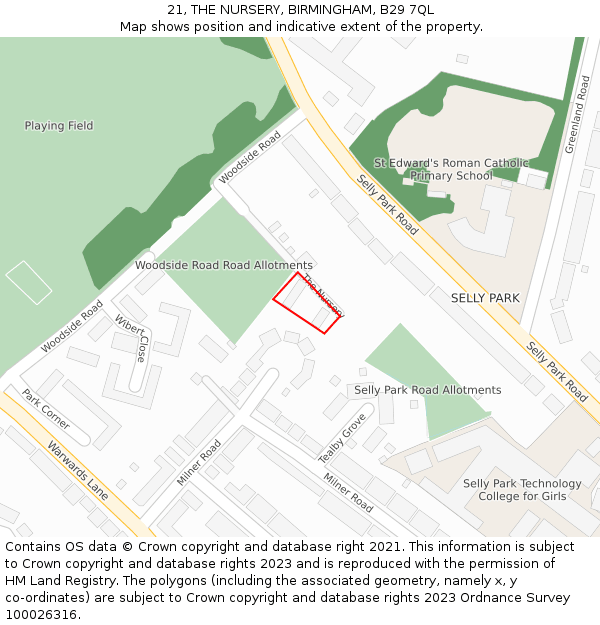 21, THE NURSERY, BIRMINGHAM, B29 7QL: Location map and indicative extent of plot