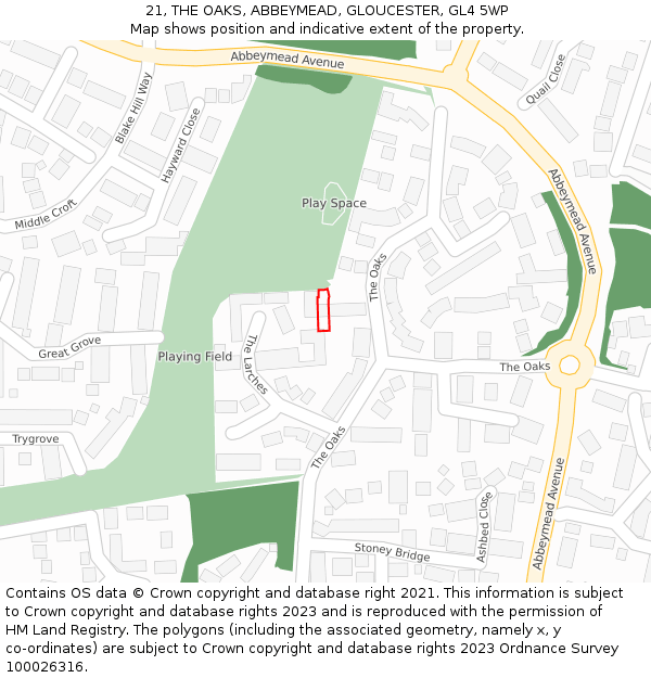 21, THE OAKS, ABBEYMEAD, GLOUCESTER, GL4 5WP: Location map and indicative extent of plot