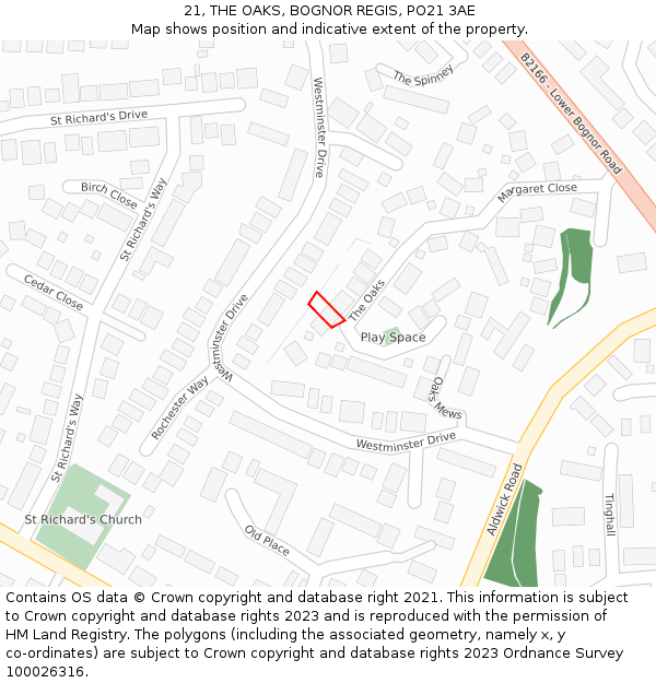 21, THE OAKS, BOGNOR REGIS, PO21 3AE: Location map and indicative extent of plot