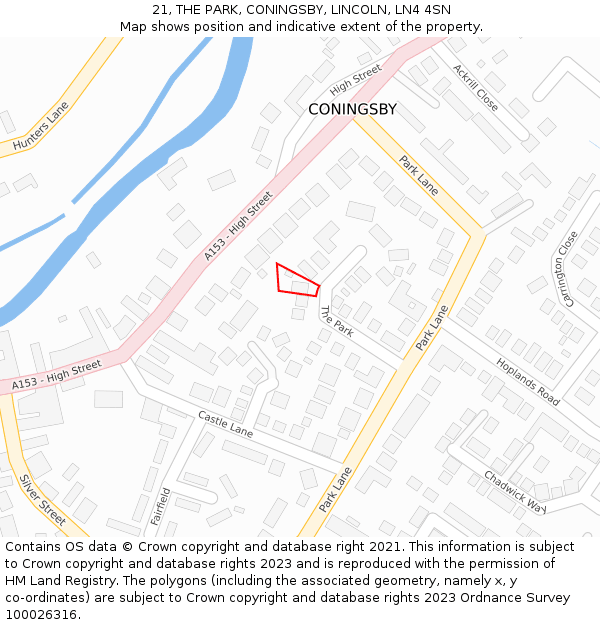 21, THE PARK, CONINGSBY, LINCOLN, LN4 4SN: Location map and indicative extent of plot