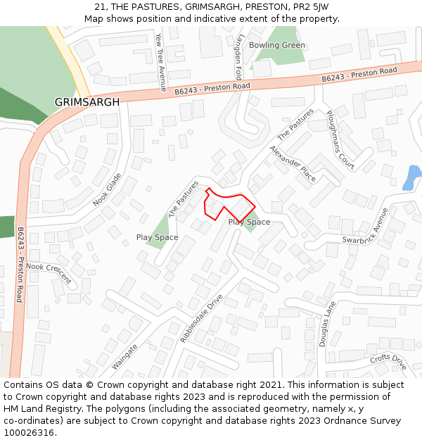21, THE PASTURES, GRIMSARGH, PRESTON, PR2 5JW: Location map and indicative extent of plot