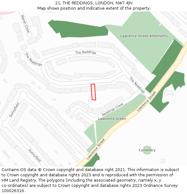 21, THE REDDINGS, LONDON, NW7 4JN: Location map and indicative extent of plot