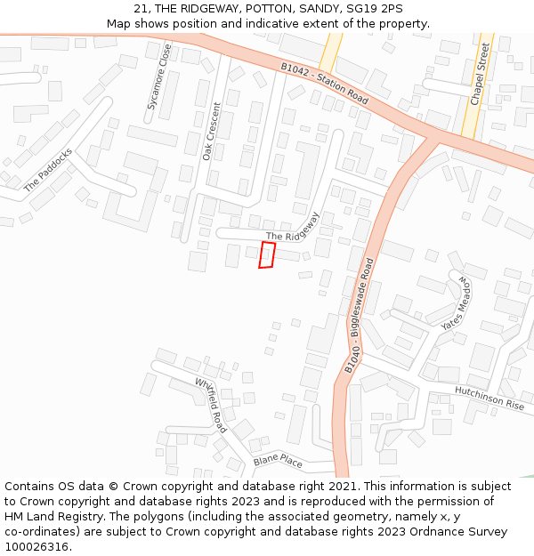 21, THE RIDGEWAY, POTTON, SANDY, SG19 2PS: Location map and indicative extent of plot