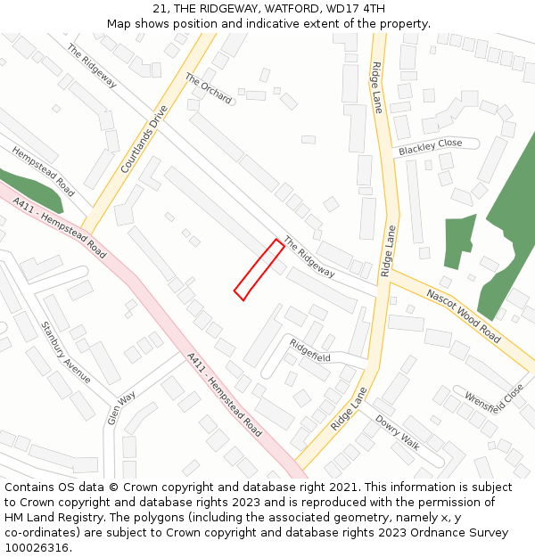 21, THE RIDGEWAY, WATFORD, WD17 4TH: Location map and indicative extent of plot