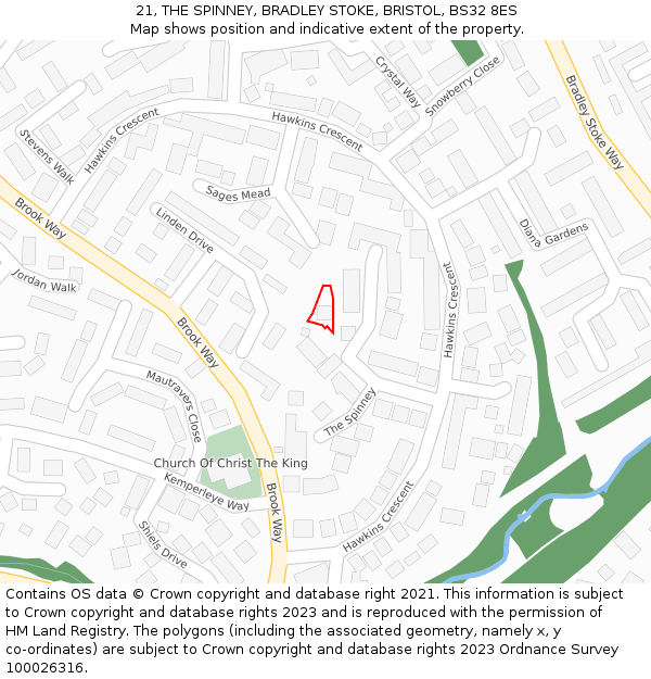 21, THE SPINNEY, BRADLEY STOKE, BRISTOL, BS32 8ES: Location map and indicative extent of plot