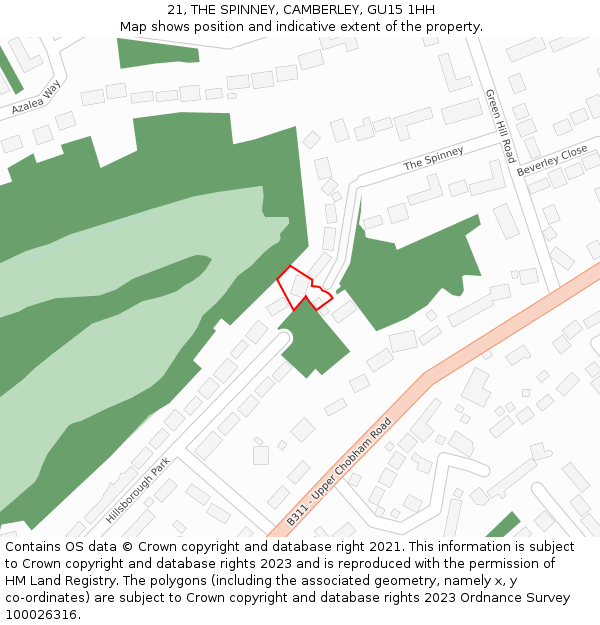 21, THE SPINNEY, CAMBERLEY, GU15 1HH: Location map and indicative extent of plot