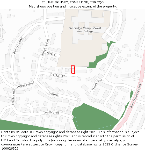 21, THE SPINNEY, TONBRIDGE, TN9 2QQ: Location map and indicative extent of plot