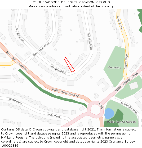 21, THE WOODFIELDS, SOUTH CROYDON, CR2 0HG: Location map and indicative extent of plot