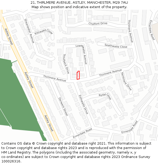 21, THIRLMERE AVENUE, ASTLEY, MANCHESTER, M29 7AU: Location map and indicative extent of plot