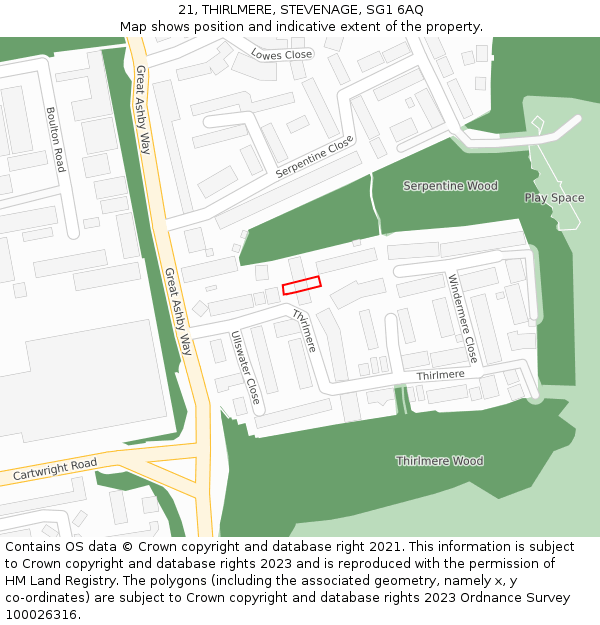 21, THIRLMERE, STEVENAGE, SG1 6AQ: Location map and indicative extent of plot