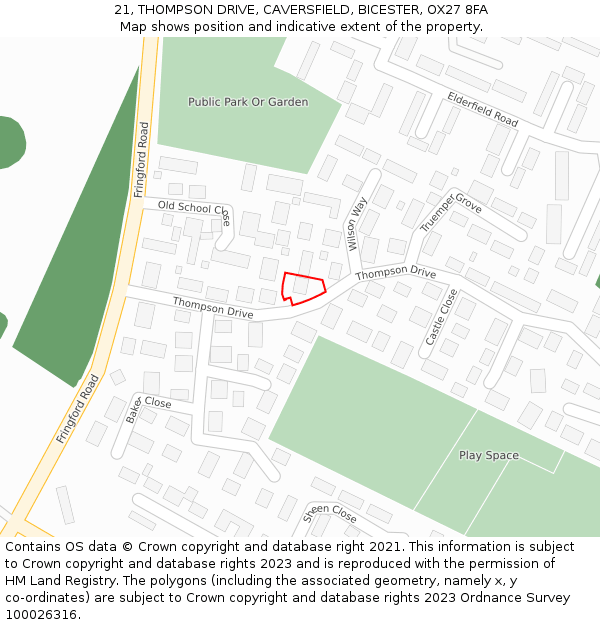 21, THOMPSON DRIVE, CAVERSFIELD, BICESTER, OX27 8FA: Location map and indicative extent of plot