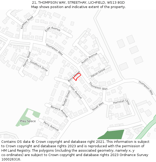 21, THOMPSON WAY, STREETHAY, LICHFIELD, WS13 8GD: Location map and indicative extent of plot