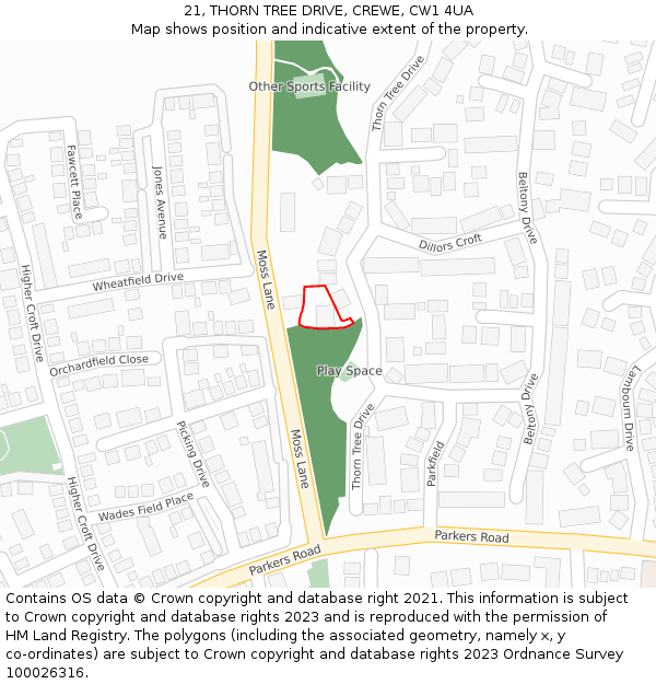 21, THORN TREE DRIVE, CREWE, CW1 4UA: Location map and indicative extent of plot