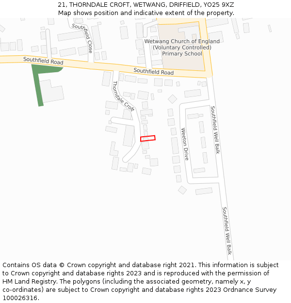 21, THORNDALE CROFT, WETWANG, DRIFFIELD, YO25 9XZ: Location map and indicative extent of plot