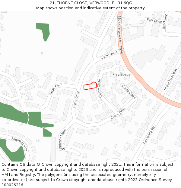 21, THORNE CLOSE, VERWOOD, BH31 6QG: Location map and indicative extent of plot